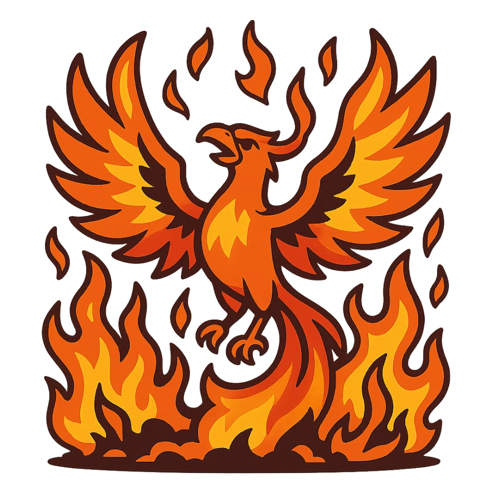 a powerful phoenix rising from ashes, intense flames, dynamic movement sticker