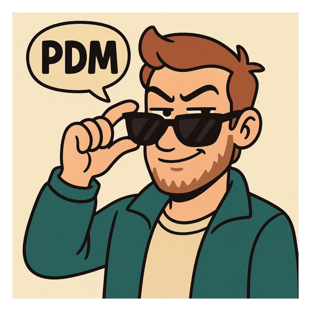 a cool character pulling down sunglasses with a confident expression, saying 'PDM', in a fun, bold style sticker