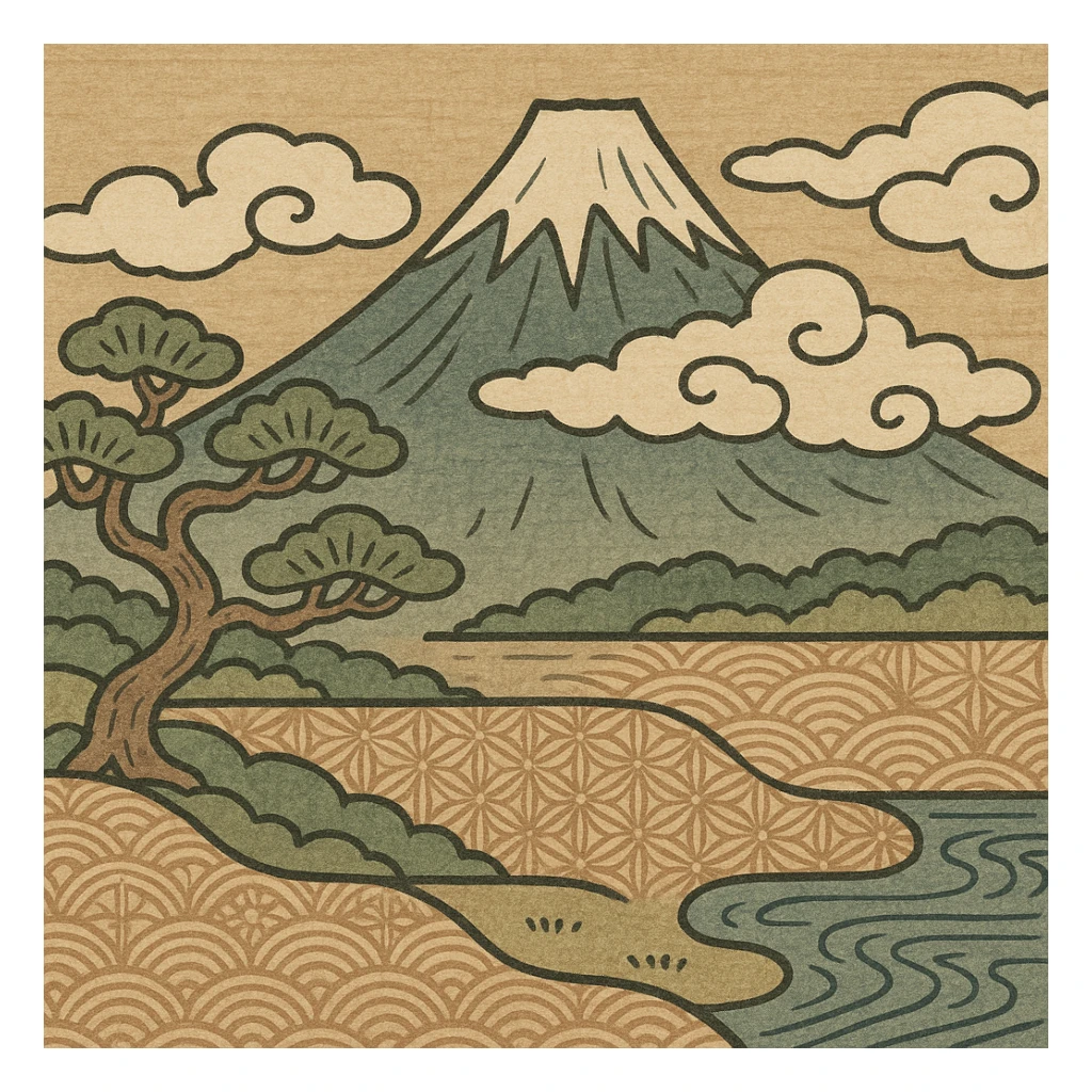 Mount Fuji with clouds, ukiyo-e style illustration sticker