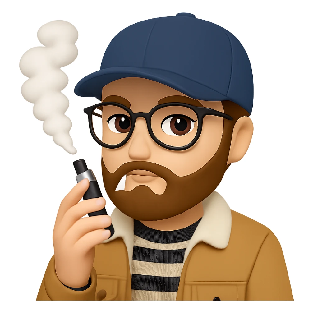 Make the guy vaping look more hipster by adding features like a beard, glasses, and trendy clothes. Keep the original style and remove the background. sticker