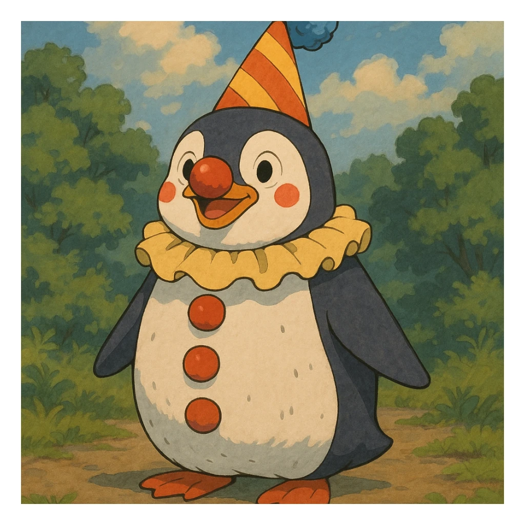 un pingouin clown, ghibli style sticker
