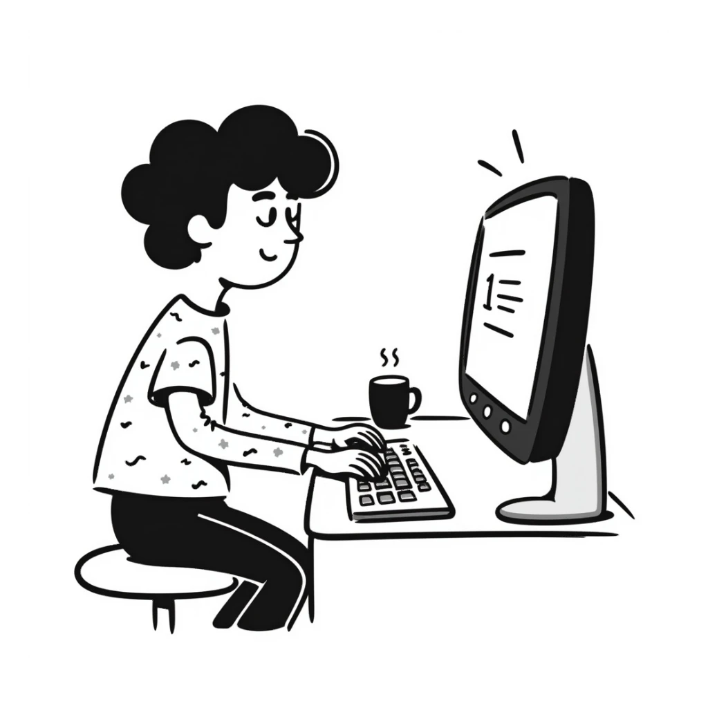 young programmer hand drawn doodle style, typing on keyboard sticker