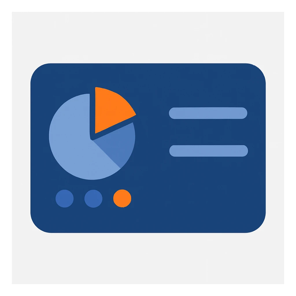 Re-create a control panel icon with a blue rounded rectangle base. Include a pie chart with mostly blue slices and a small orange slice. Add three small accent dots, mostly blue with one orange. On the right side, place two blue horizontal lines. Use minimal non-blue colors, flat modern look, transparent background. sticker
