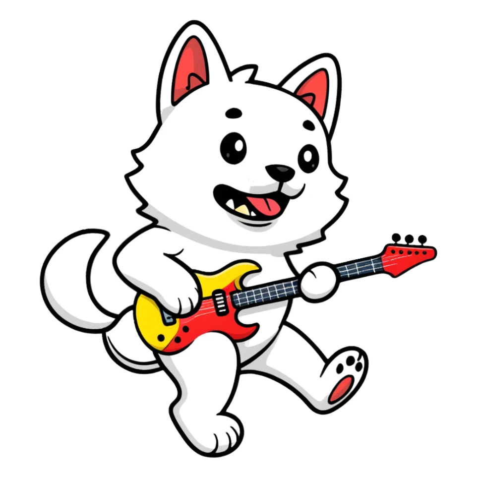 dog playing electric guitar, energetic pose sticker