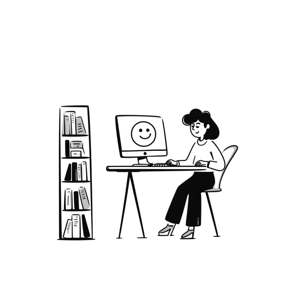 Home office with desk, computer and bookshelf sticker