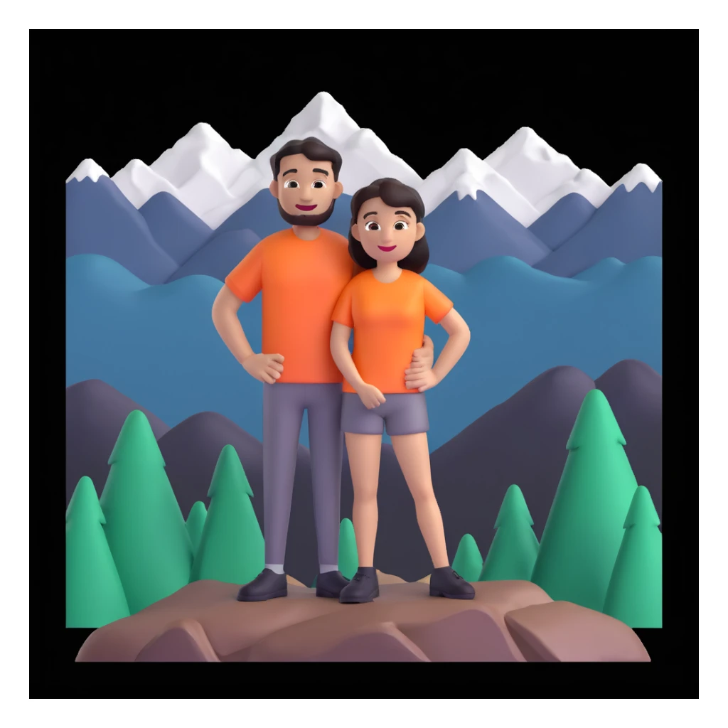 back packer couple posing, mountains in background,   close up pose sticker