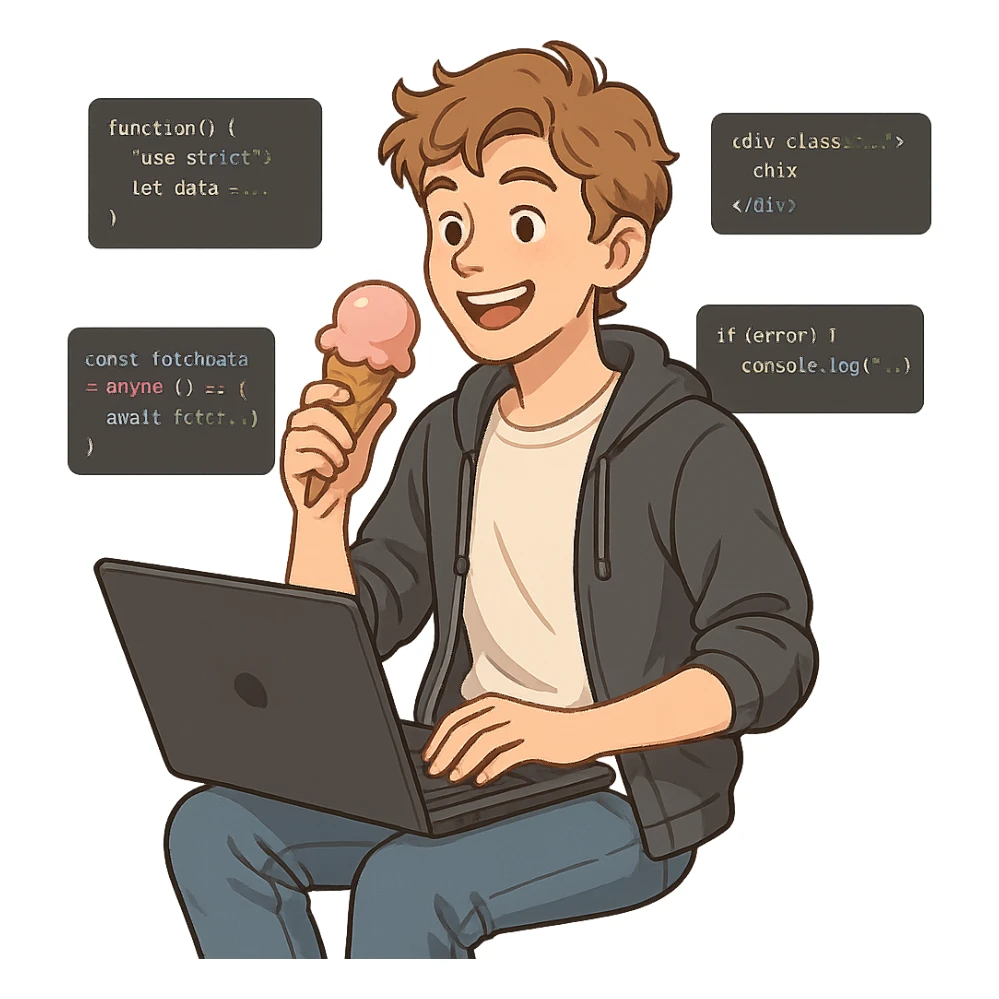 a white adolescent enjoying ice-cream, coding on a laptop, surrounded by code snippets, busy and cheerful, modern casual outfit sticker