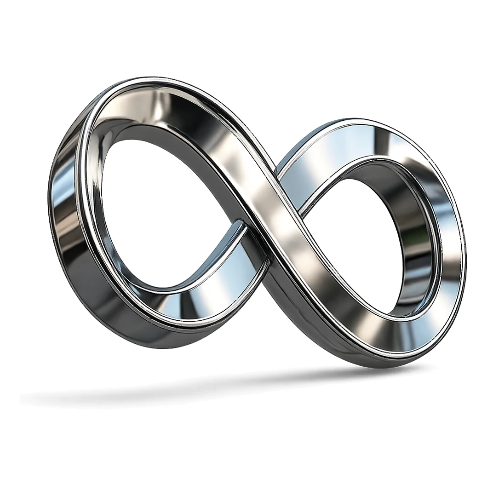 Transform the Mobius strip into an infinity symbol, maintaining the 3D metallic chrome style with realistic lighting and reflections. sticker