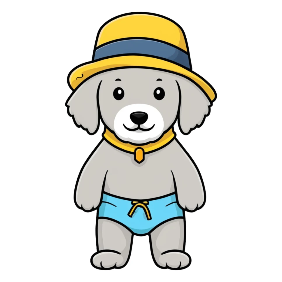 gray goldendoodle wearing swim trunks and a hat  sticker