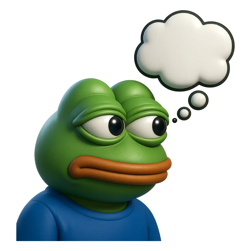 make a pepe with thought bubble looking at left side in 3d style, good highlights and shadows, drop shadows  sticker