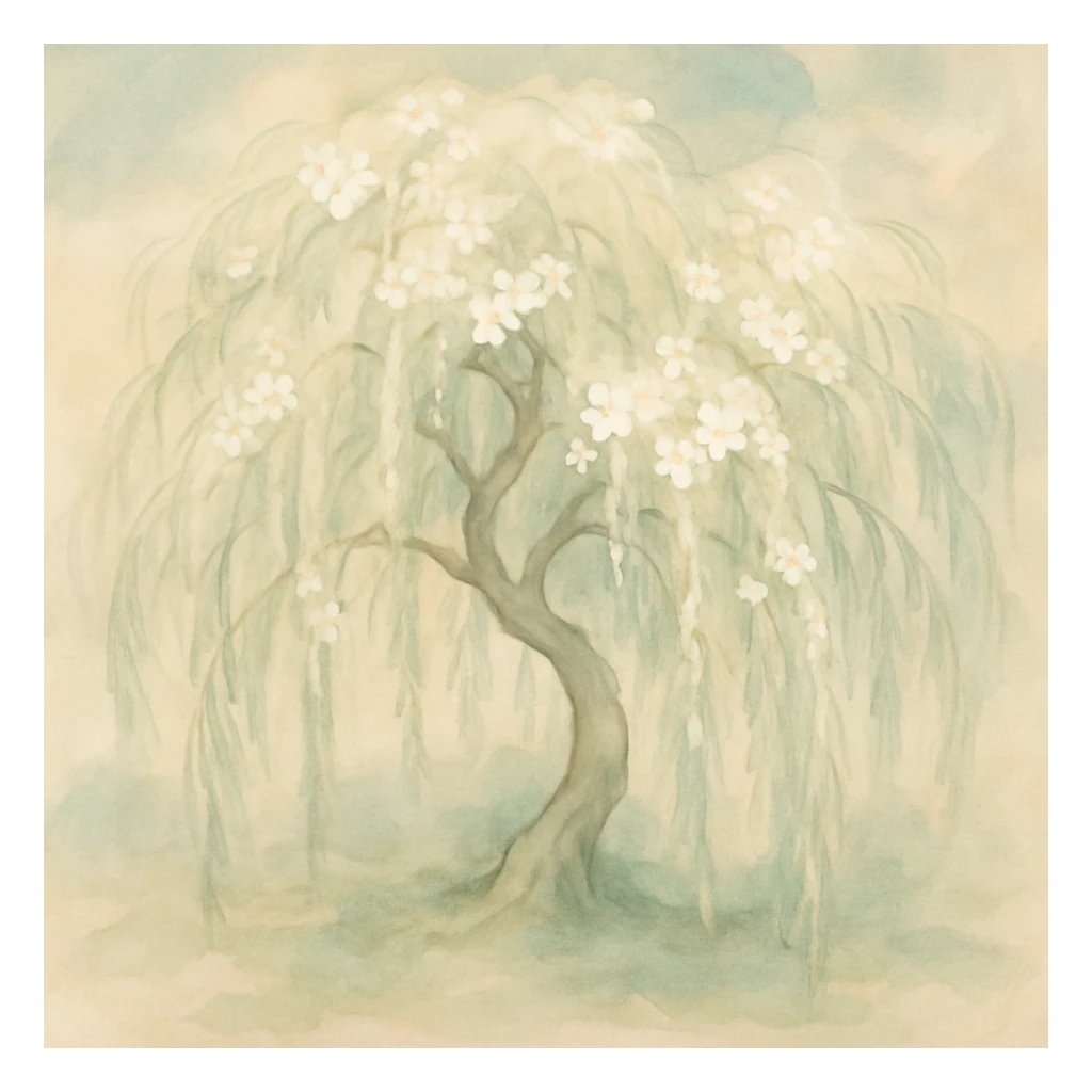 willow tree with white blossoms, stylized, soft colors sticker