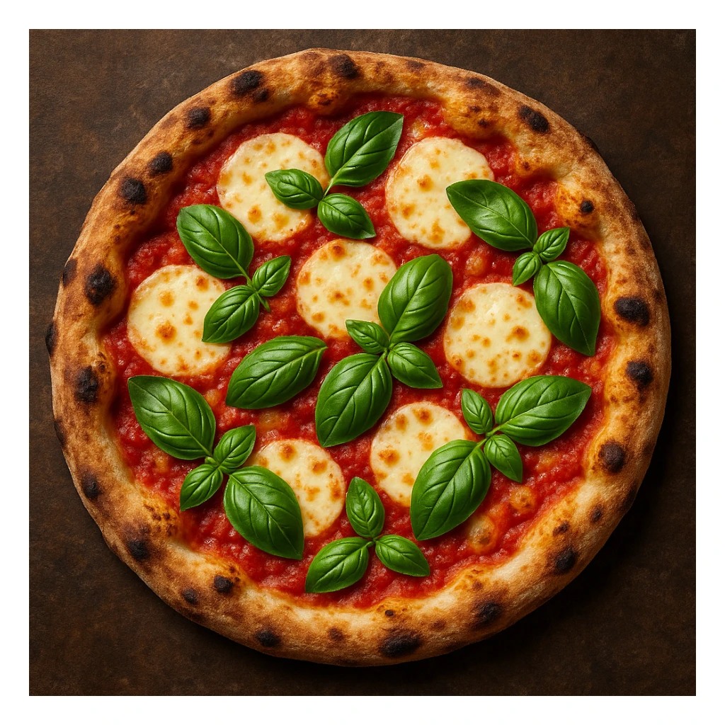 top-down view margarita pizza with rustic crust and fresh basil sticker