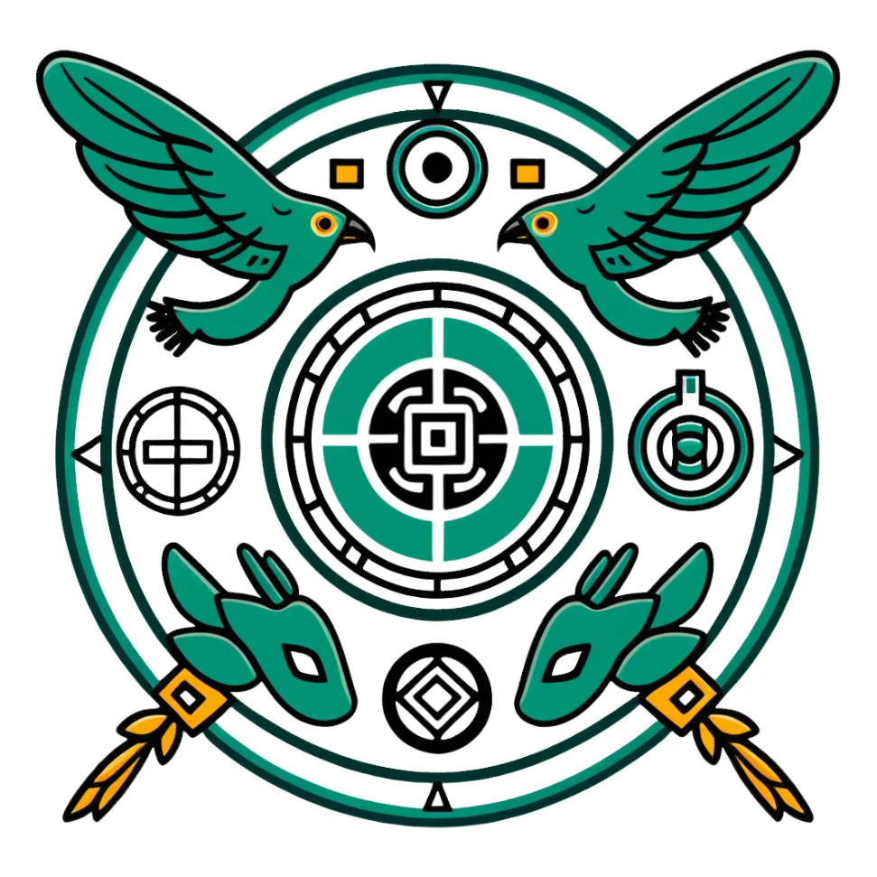 Ancient Maya symbols for message sending and receiving, stylized with authentic Maya animal messengers. Only dark green (#013220) lines on white background, geometric sticker