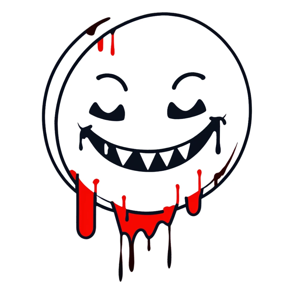 Evil smiley face with sharp teeth and blood dripping down, horror themed sticker