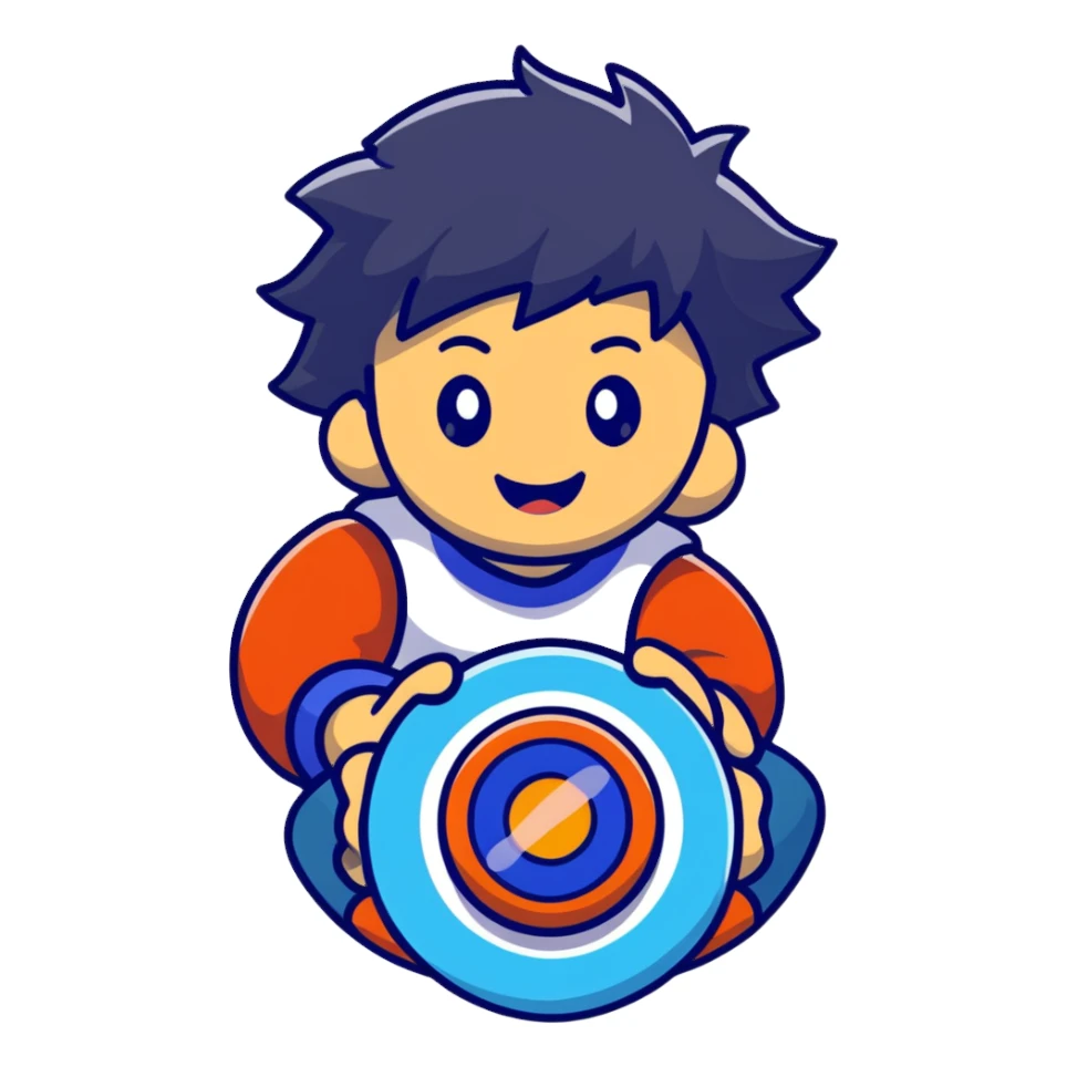 happy kid launching a beyblade, joyful expression sticker