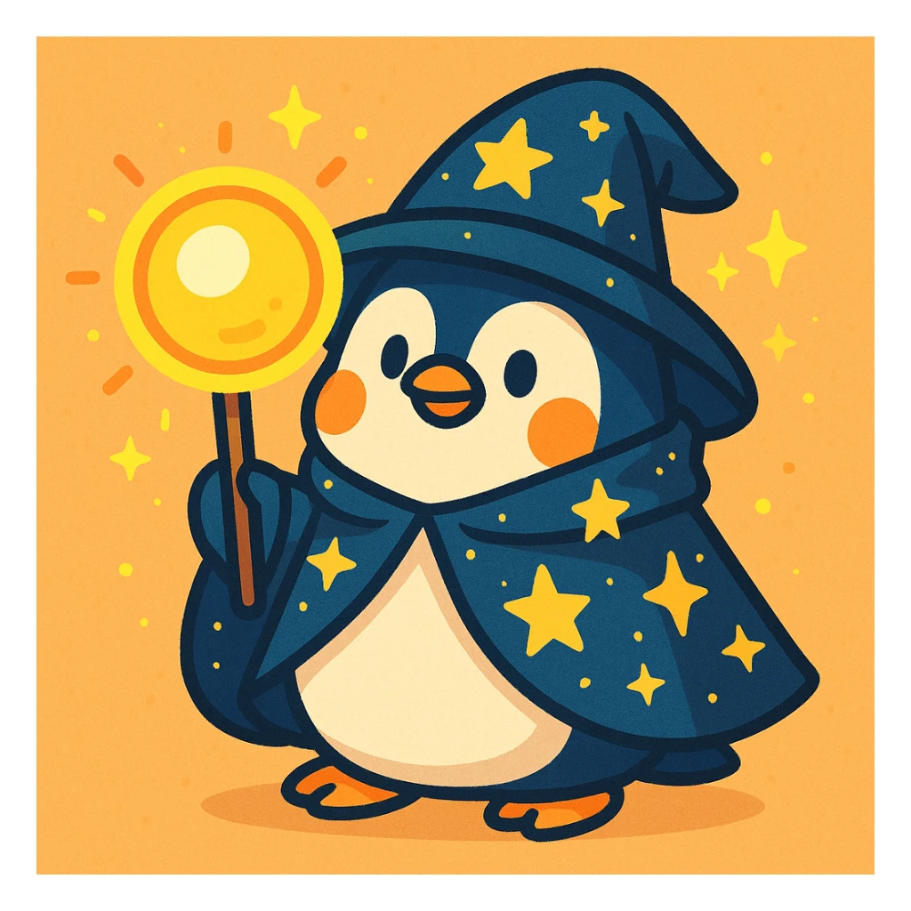chubby penguin wizard with a starry cloak and a glowing orb, soft rounded illustration style, vibrant toon style sticker