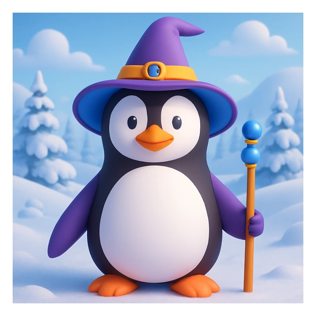 Make a snowy landscape background behind the penguin wizard, keep all original colours and lighting in 3d emoji style sticker