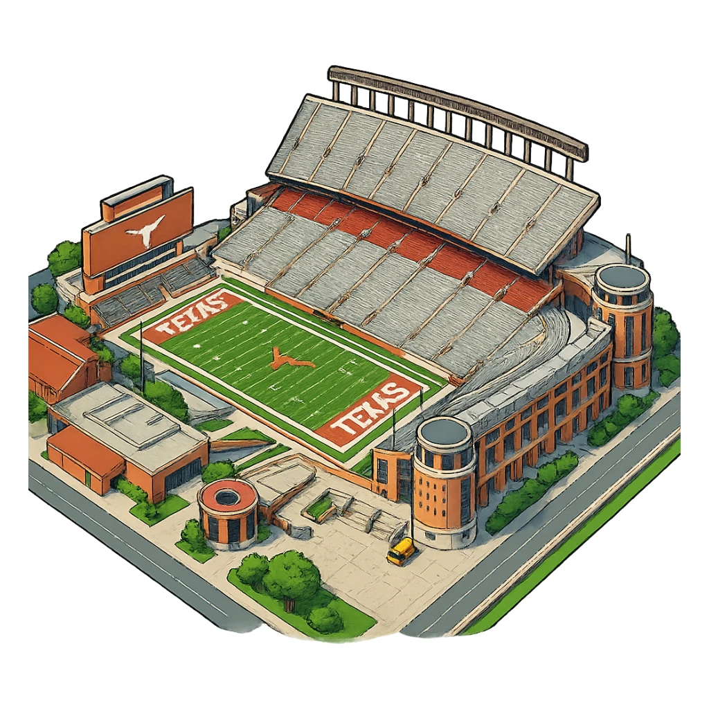 Изометричная, яркая, детализированная и фотореалистичная иллюстрация стадиона Darrell K Royal–Texas Memorial Stadium в стиле 3D-коллажей городов, насыщенные цвета, аккуратные и чёткие линии, мультяшно-реалистичная стилистика. Чёткие контуры, прозрачный фон, высокое качество. sticker
