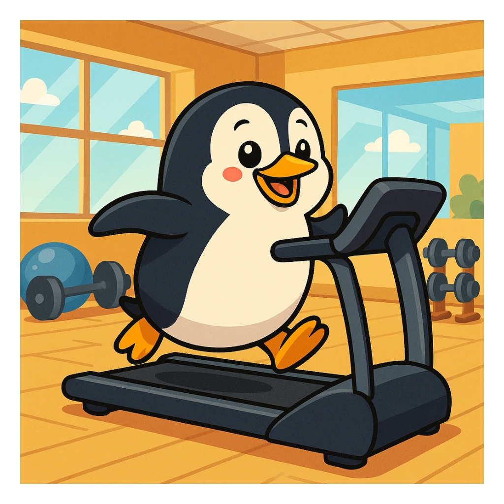 A penguin running on the treadmill sticker