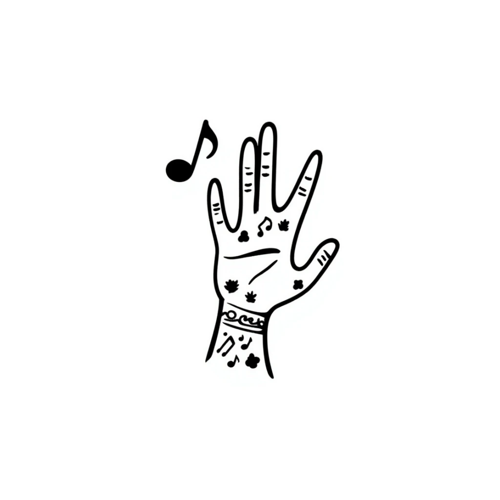 stylized symmetrical hand with tattoos in doodle style, square format, suitable as emoji for music marketing course cover sticker