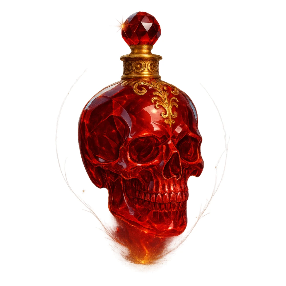 premium crystal elixir bottle in skull shape, red, barely visible golden collar, lots of shine, edges, ornaments, golden details, magical effects, transparent background, beautiful merging bottom, clearly hanging in the air, no base or shadow, very luxurious, matching the collection sticker