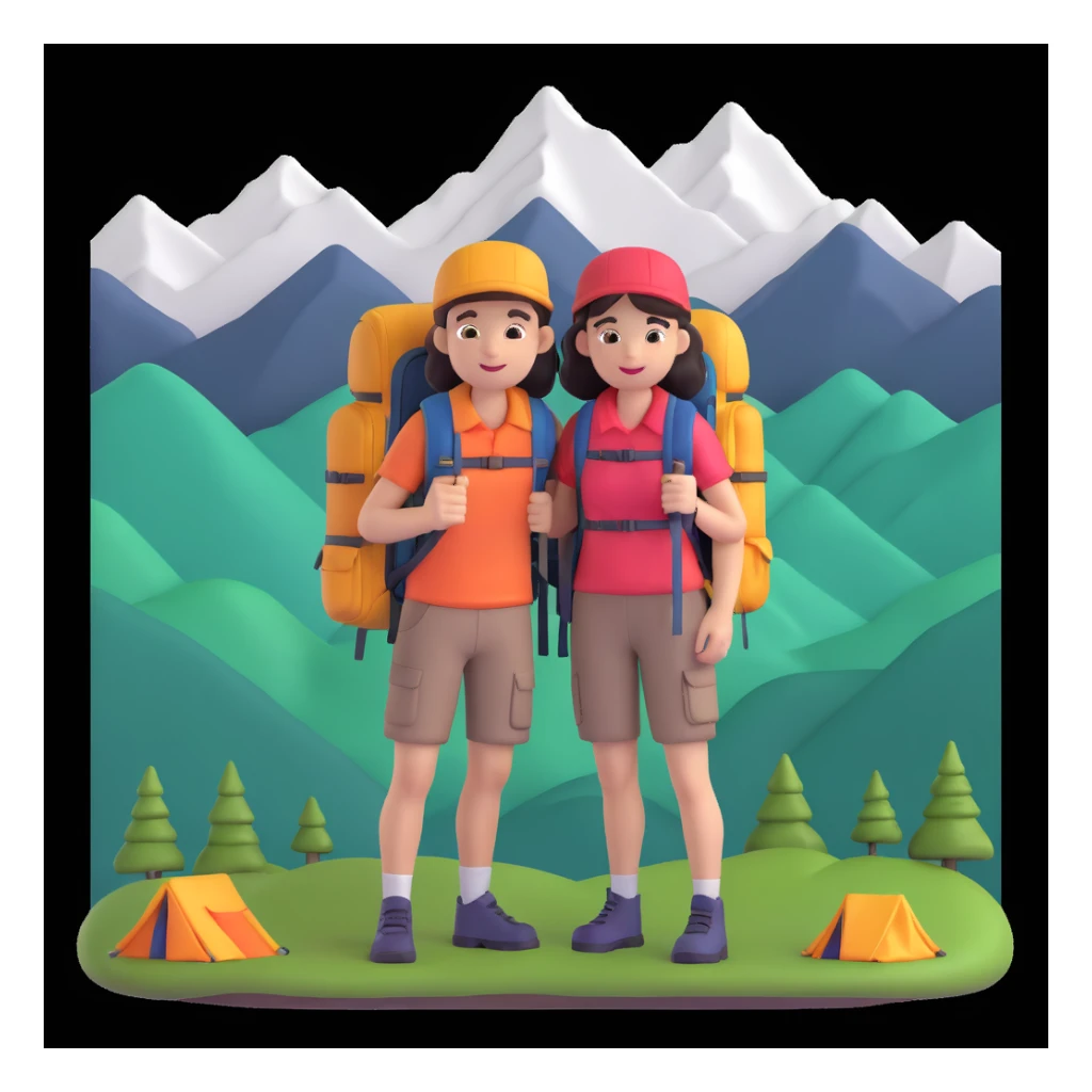 back packer couple posing, mountains in background,   close up pose sticker