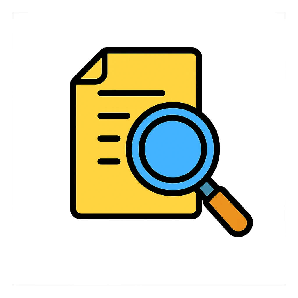A magnifying glass over papers, representing document search, colorful outlined icon style sticker