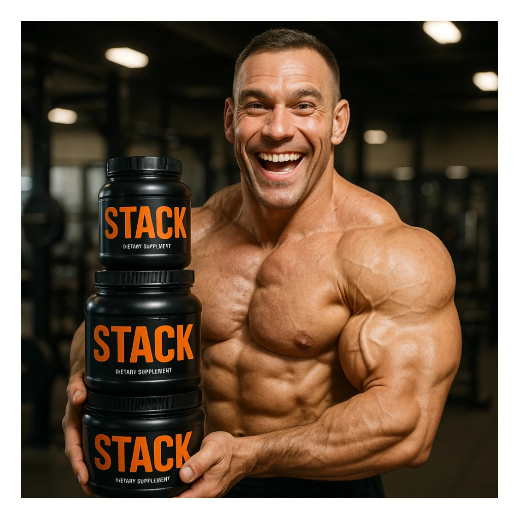 hyper realistic enthusiastic bodybuilder showing a stack of 'stack' supplements with both hands, prominent muscles, joyful expression, realistic details, gym environment sticker