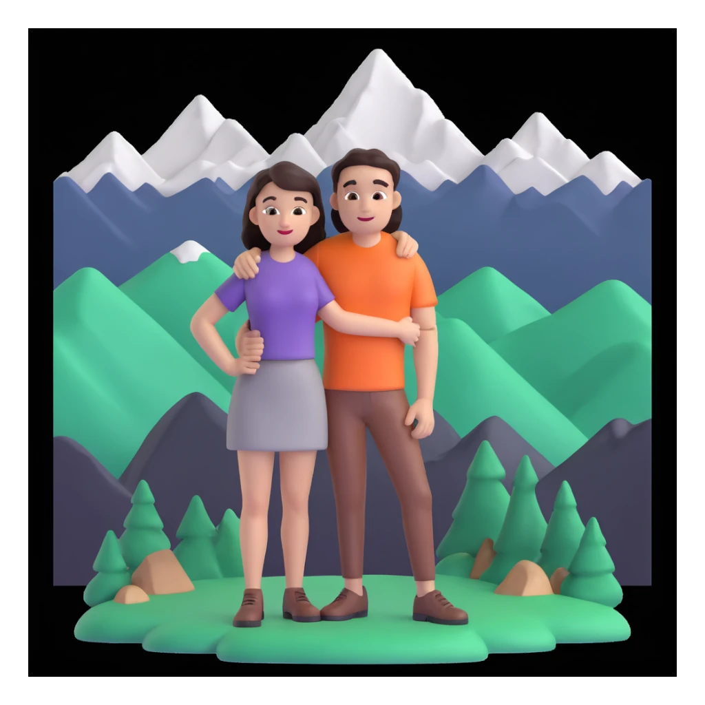 back packer couple posing, mountains in background,   close up pose sticker
