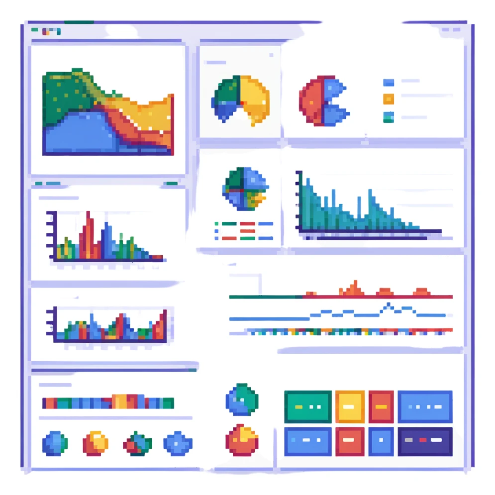 neural network web overlaying a colorful analytics dashboard, pixel art style sticker