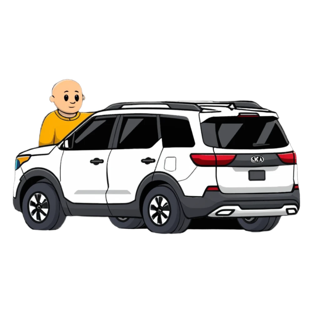 bald man standing next to a Kia Mohave SUV sticker