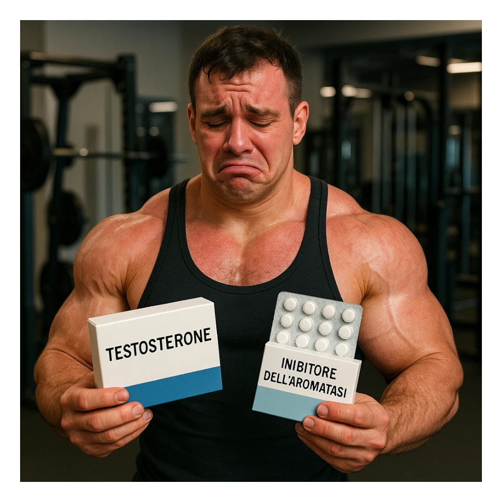 beginner bodybuilder with swollen muscles holding a box labeled 'Testosterone' and a package labeled 'Inibitore dell'aromatasi', regretful expression, red skin, all text in Italian, gym background, 4K quality sticker