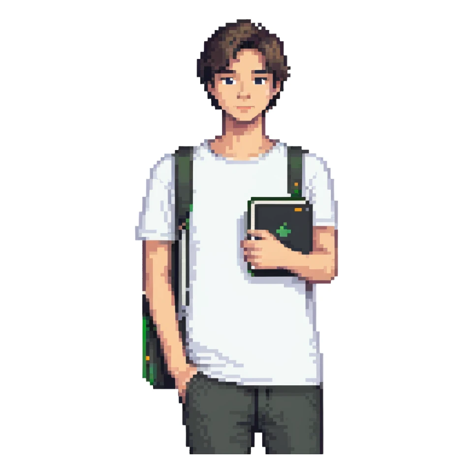 programmer wearing a white t-shirt, holding a notebook sticker