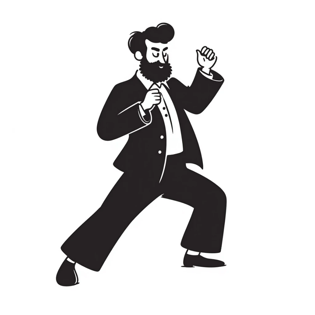 bearded man in a black suit, fighting posture sticker