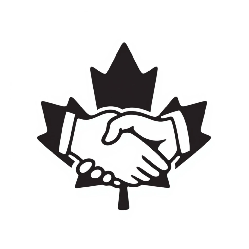 emblem representing a Canadian union, featuring a maple leaf and handshake, hand-drawn doodle style sticker