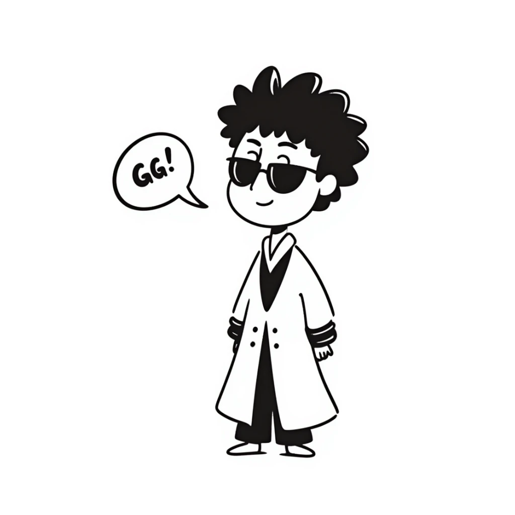 chibi Aizen from Bleach, confident expression, 'GG' in a speech bubble, white captain's robe, brown hair, glasses, hands behind back, chibi style, cute and clever sticker