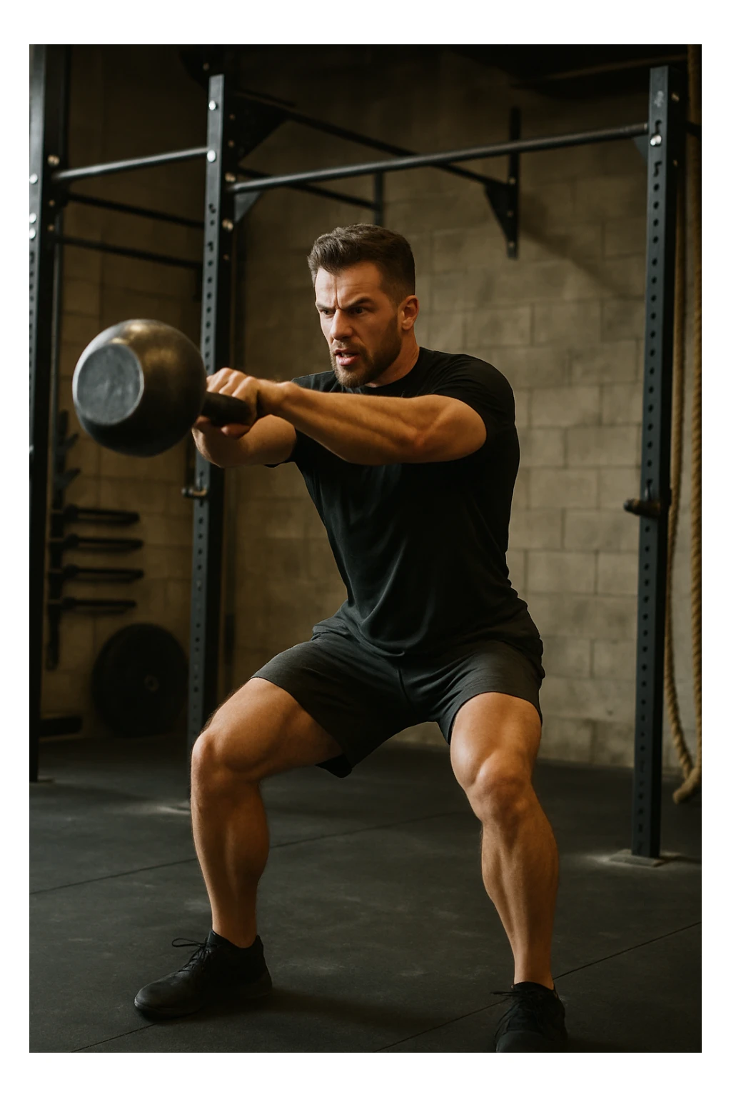 a man performing a kettlebell swing, Crossfit workout, dynamic movement, athletic fitness sticker