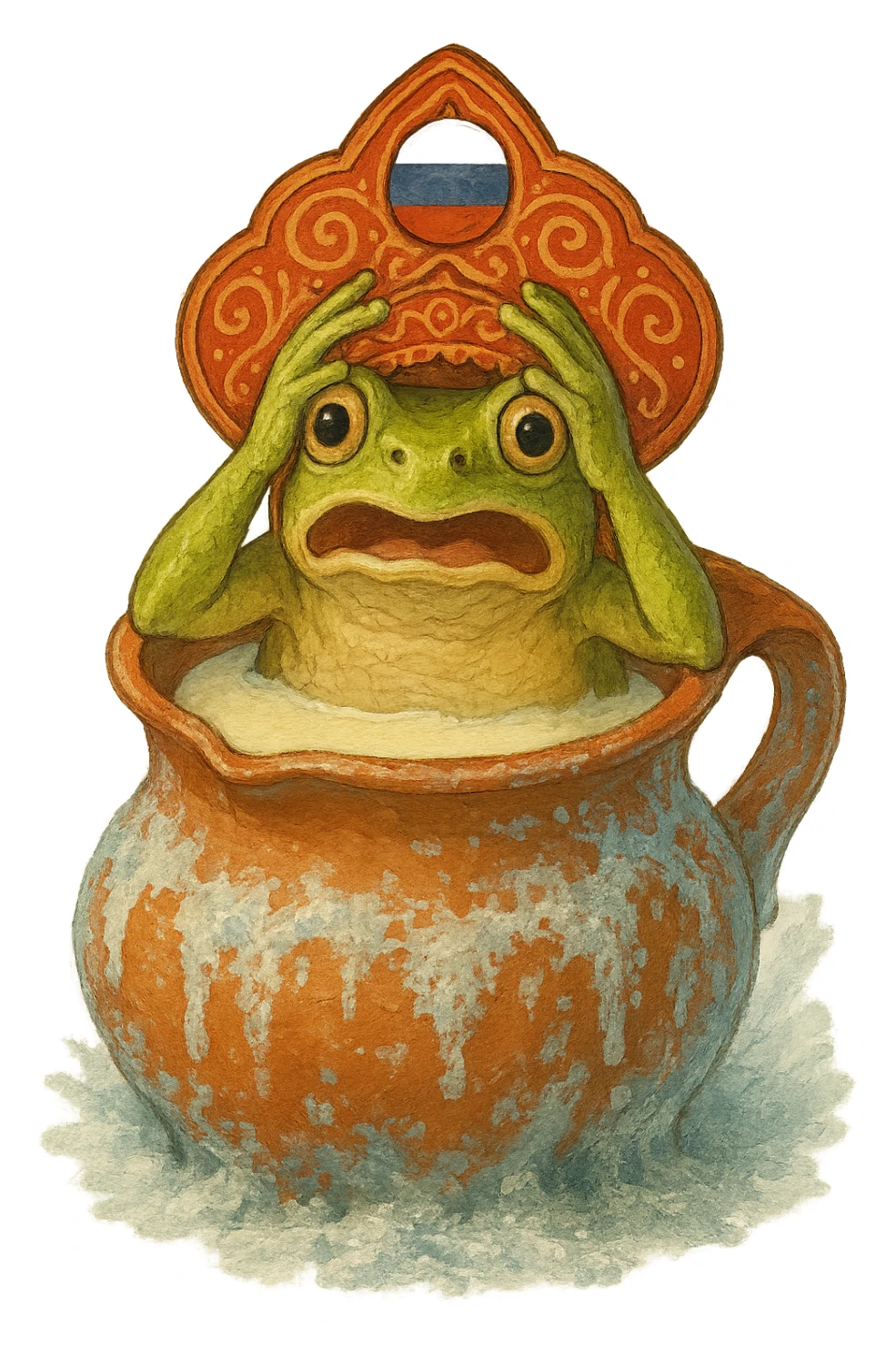 Лягушка в русском кокошнике с российским флагом как на картинке сидит в кувшине с молоком покрытом инеем и льдом, слегка рисованный стиль, прозрачный фон sticker