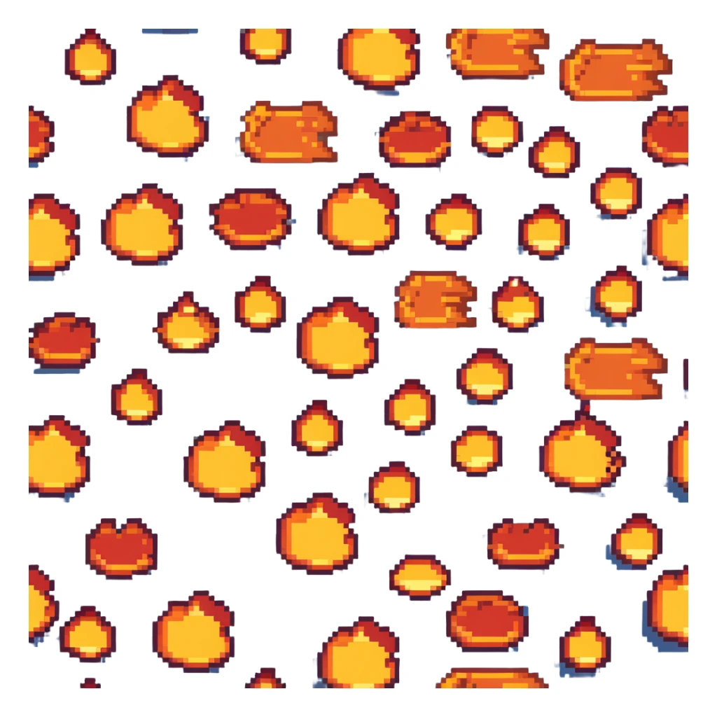 Bomberman horizontal explosion tile, flames extending left to right across full width, bright orange and yellow core with red edges, flames about 60% of tile height, centered vertically, flame wisps details sticker