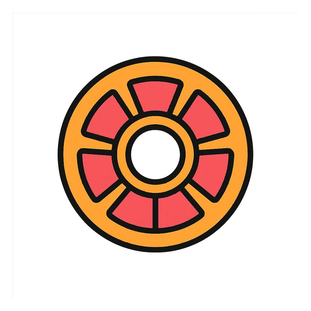 Create a bold, clean, and visually striking circular artwork for printing onto a planetary gear ring inspired by a grapefruit. The design features a large center hole for the bearing. Pink segments representing planetary gears are arranged evenly around the center, touching both the center hole and the orange peel outer ring, with minimal white space between the pink and orange. The style is a stylized grapefruit-gear blend with no sky or playful icon elements, suitable for a mechanical part. sticker