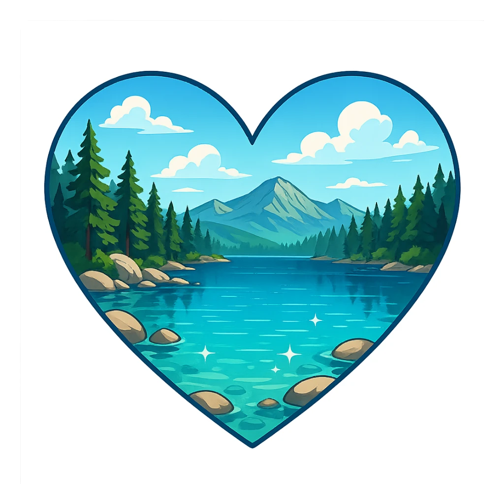 heart with a sparkling alpine lake, clean digital illustration sticker