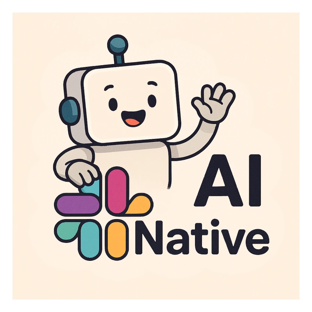 Slack-inspired icon featuring 'AI Native' text, playful yet professional, using soft gradients and geometric forms, tech branding feel. sticker