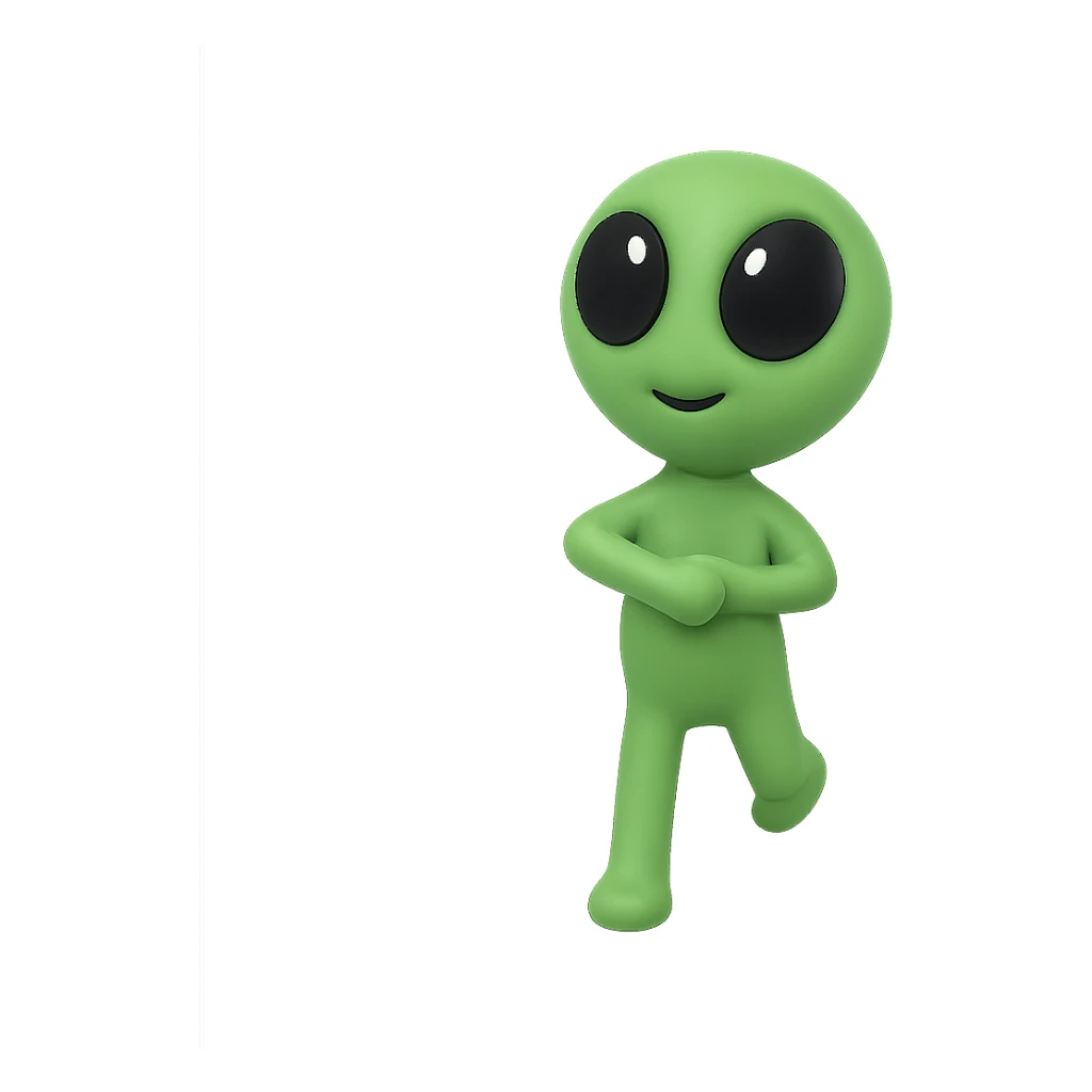 Create a neon green alien dancing, almost identical to the reference image, with minimal changes in the positions of arms and legs, looking straight ahead. This is frame 12 of the animation. PNG with transparent background. sticker