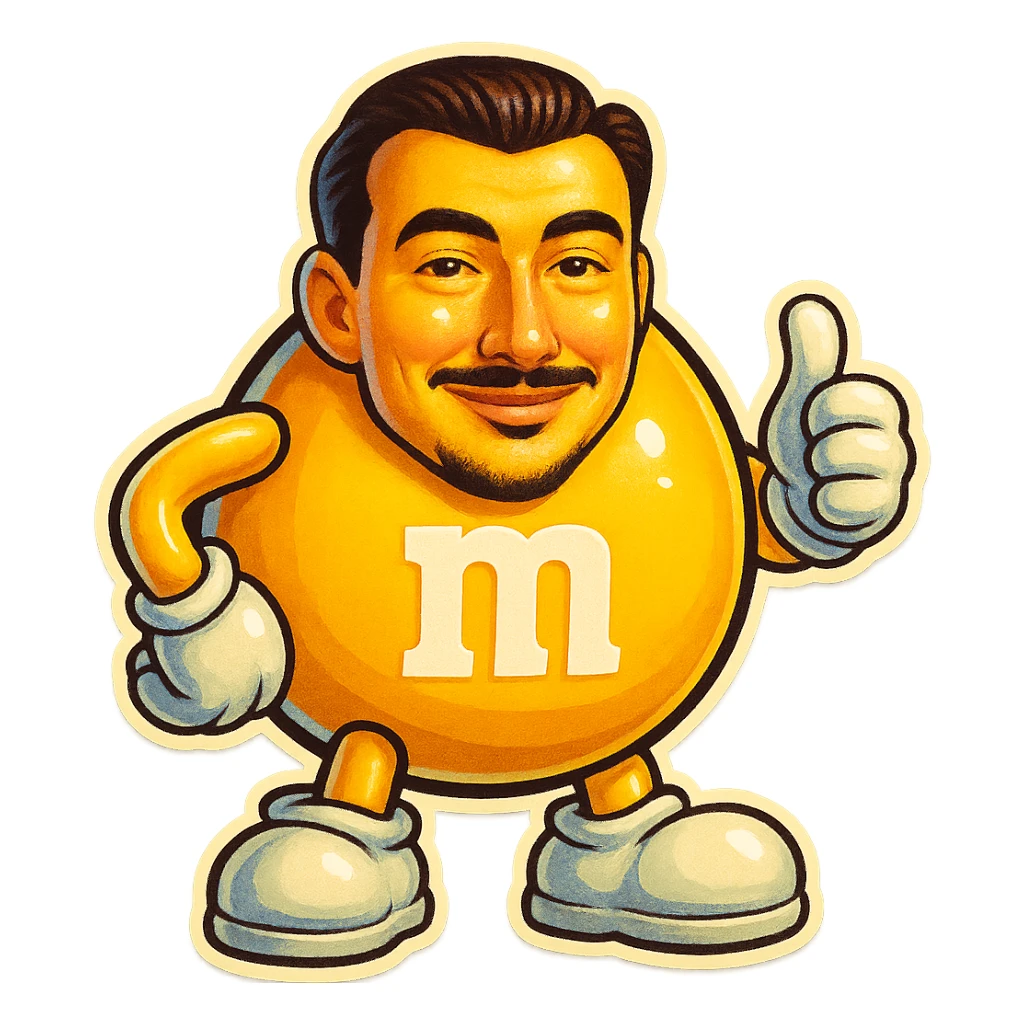 Create a yellow M&M candy character with the face from the reference photo, keeping the style playful and cartoonish. sticker