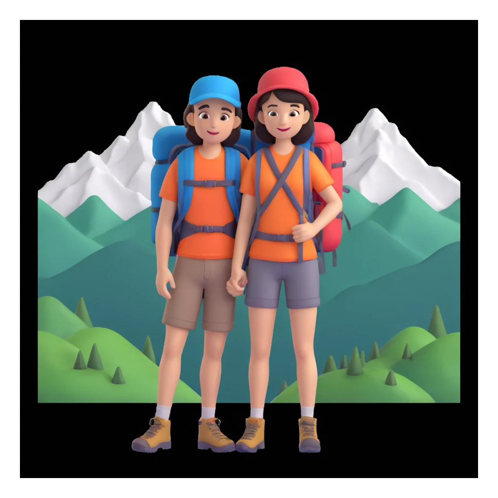 back packer couple posing, mountains in background,   close up pose sticker