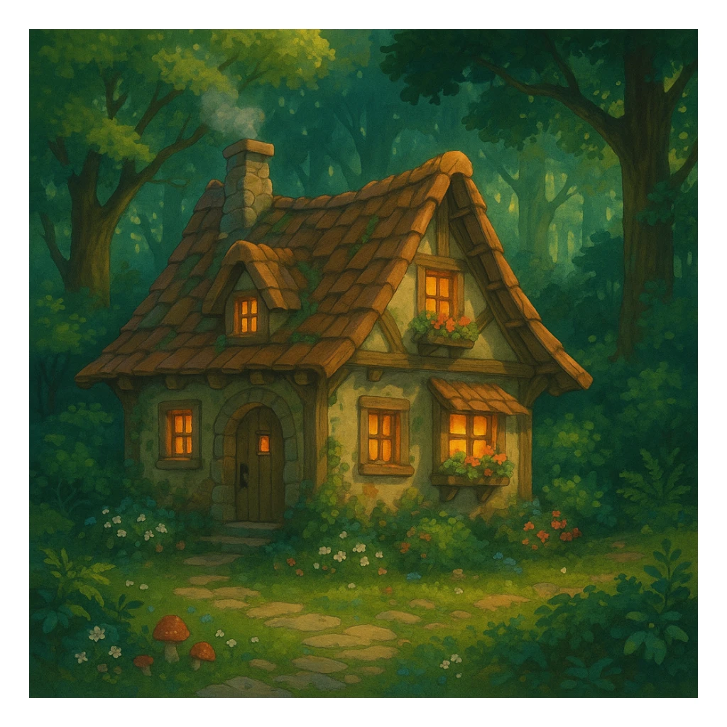 cozy cottage in a magical forest sticker