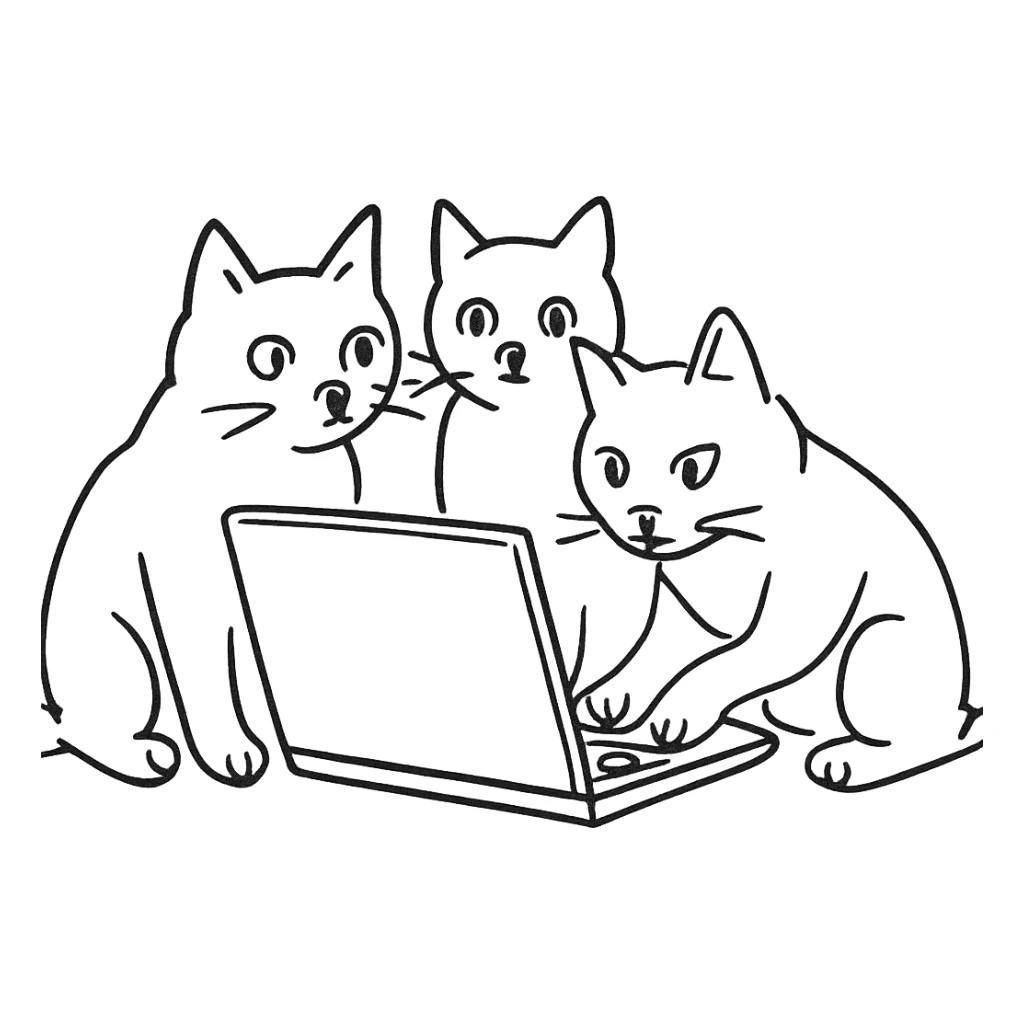 three cats at a computer, hand-drawn outline style sticker