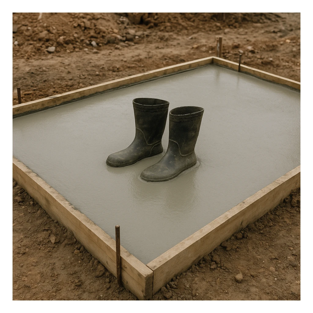 На строительной площадке видно застывший влажный бетон, он ровный и аккуратный залит как фундамент. В центре — пара старых резиновых сапог, частично утонувших и застывших в цементе, будто кто-то случайно оставил их там sticker