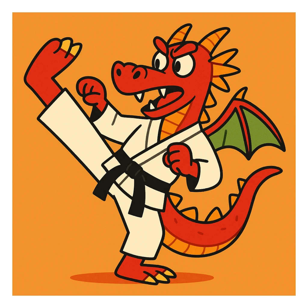a dragon practicing karate, vibrant cartoon style sticker