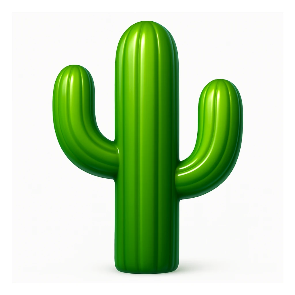 Make the cactus emoji wider than the previous version. Keep everything else the same: iOS emoji style, 3D, shiny, smooth gradients, soft shadows, realistic cactus shape, classic emoji look. Add a glossy effect to the cactus surface. sticker